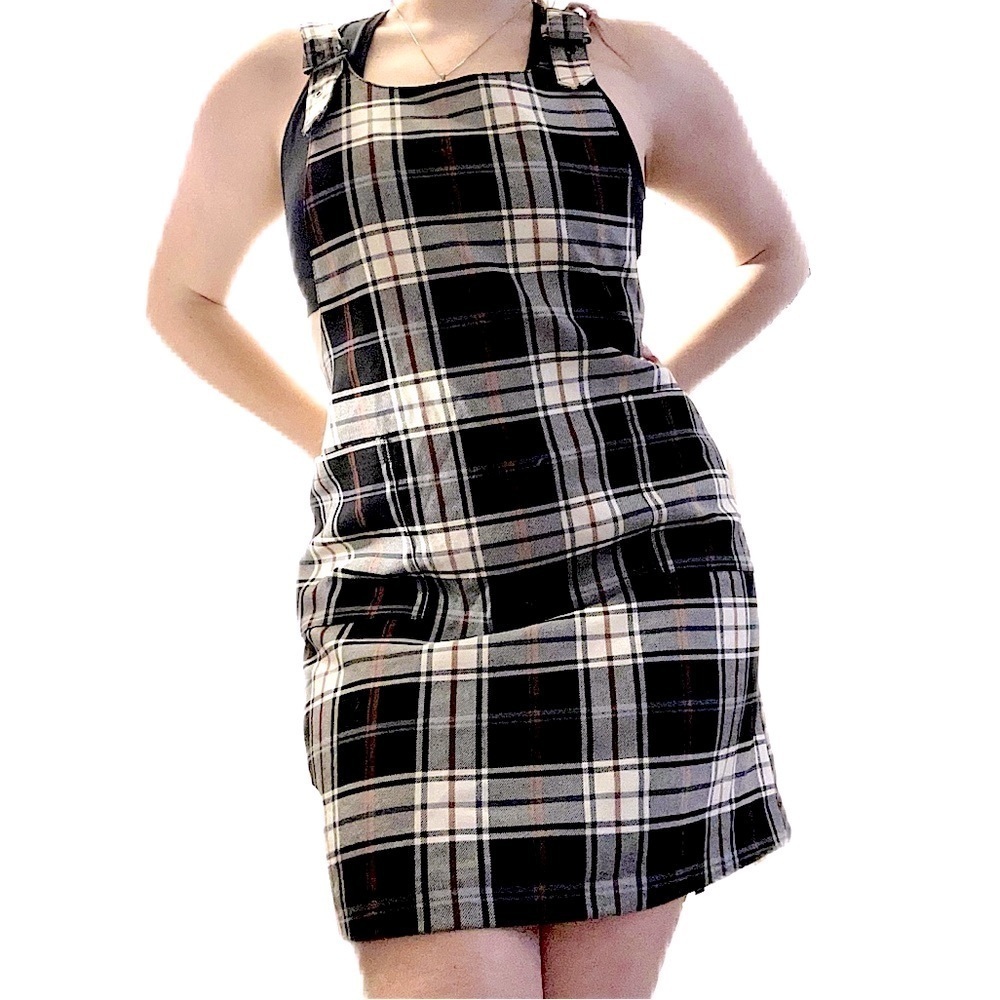 PLAID WHITE RED BLACK GREY OVERALL MIDI DRESS